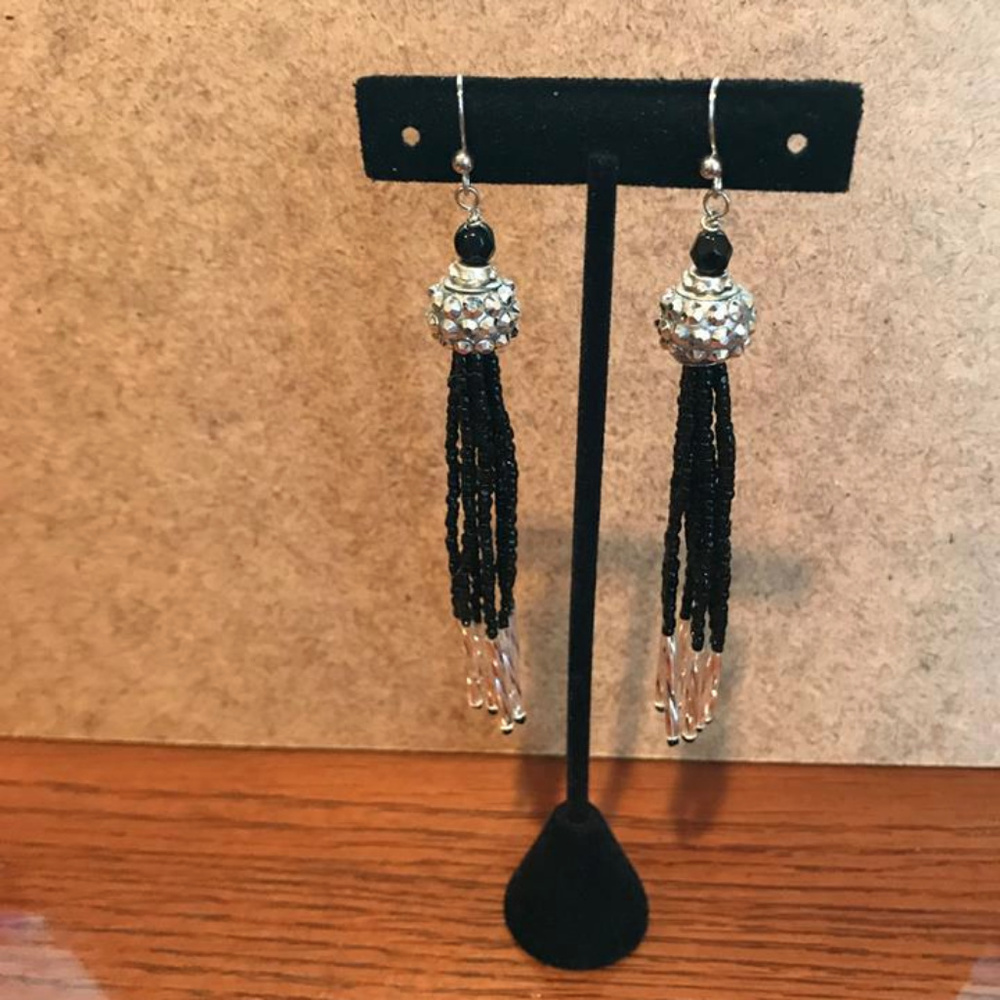 Long Black&Silver Tassel Earrings-New/Handmade
